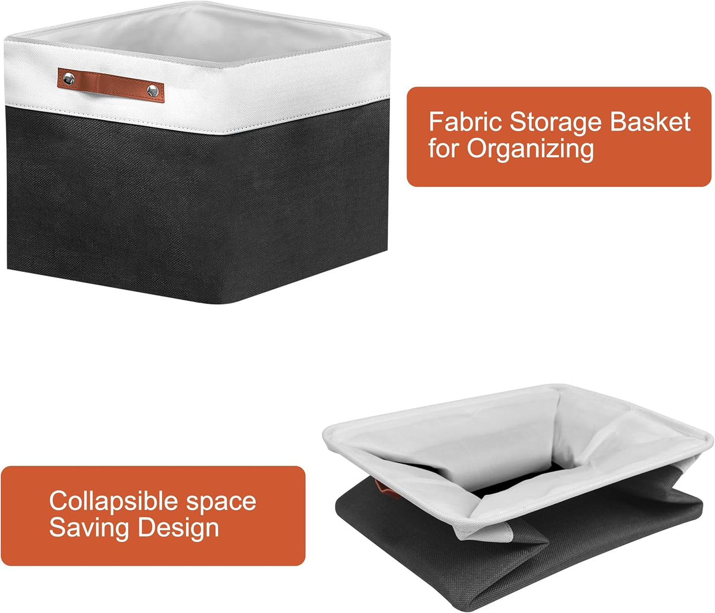 13in Open Fabric Storage Basket with Leather Handles for Organizing, Collapsible Linen Closet Bins for Shelves, Closets, Laundry, Decorative Basket for Gifts. (White＆Black, 2PCS/13x13in)