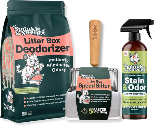 Sprinkle & Sweep Litter Box Deodorizer - Cat Litter Deodorizer Non Toxic and Safe for Kittens - Instantly Eliminates Foul Smells and Urine Odors (Bag, Sifter & Spray)