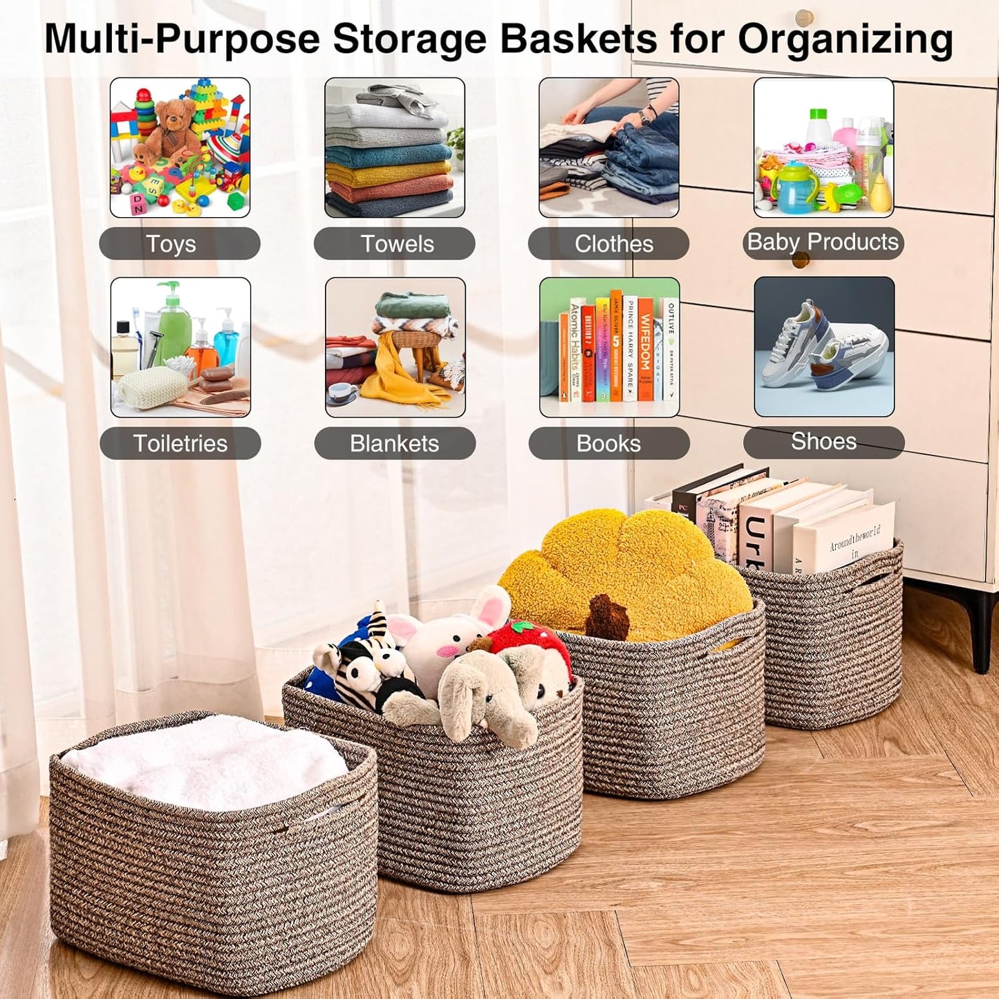 Small Storage Baskets for Organizing Shelves, Cotton Rope Basket for Storage, Cute Rectangular Book Toy Basket, 12.7"×9.1"×7.9", 4 Packs, Dark Brown