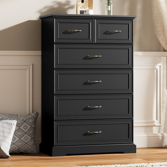 6 Drawer Dresser for Bedroom, 49" Tall Wooden Chest of Drawers, Rustic Farmhouse Dresser with Large Drawers & Metal Handles, Modern Storage Organizer for Closet, Living Room, Hallway, Black