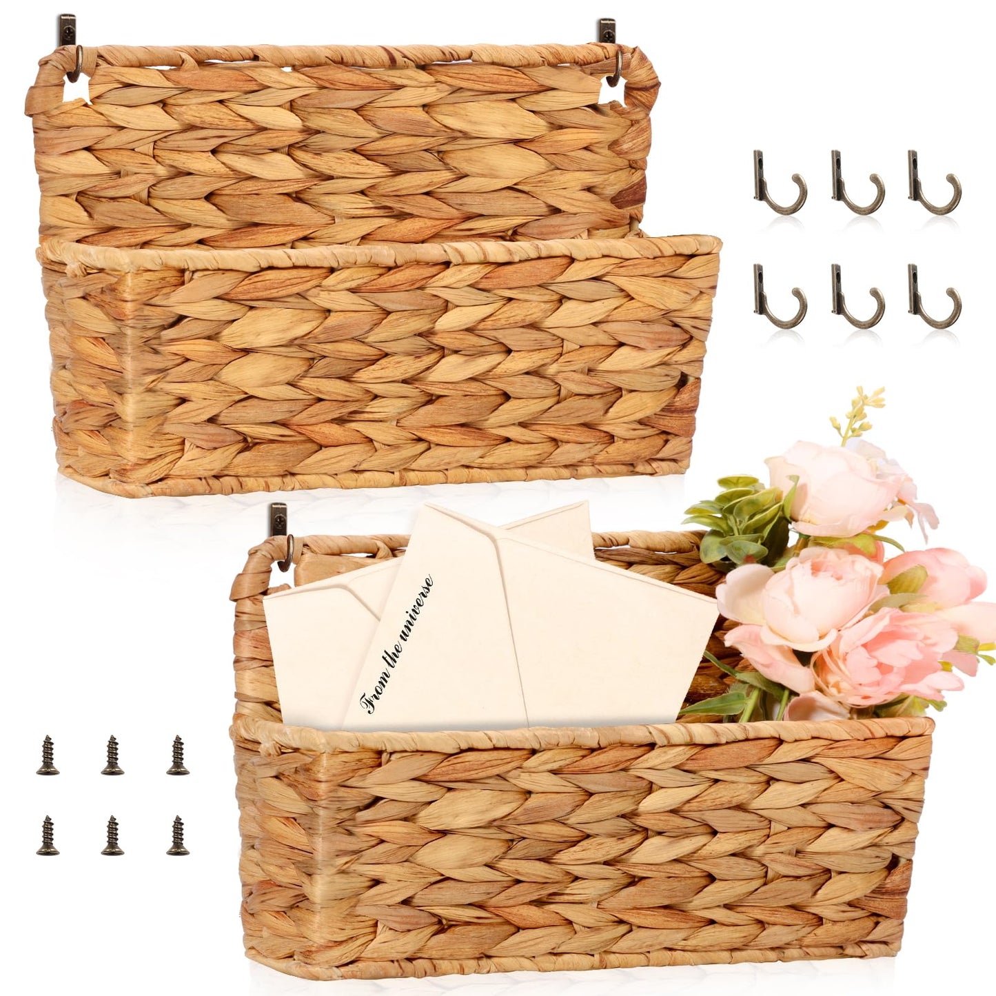 MSHUNKEJI 2 Pcs Woven Mail Holder Wall Mount Basket 9.25x1.57 Inch Rattan Wall Letter Holder Wicker