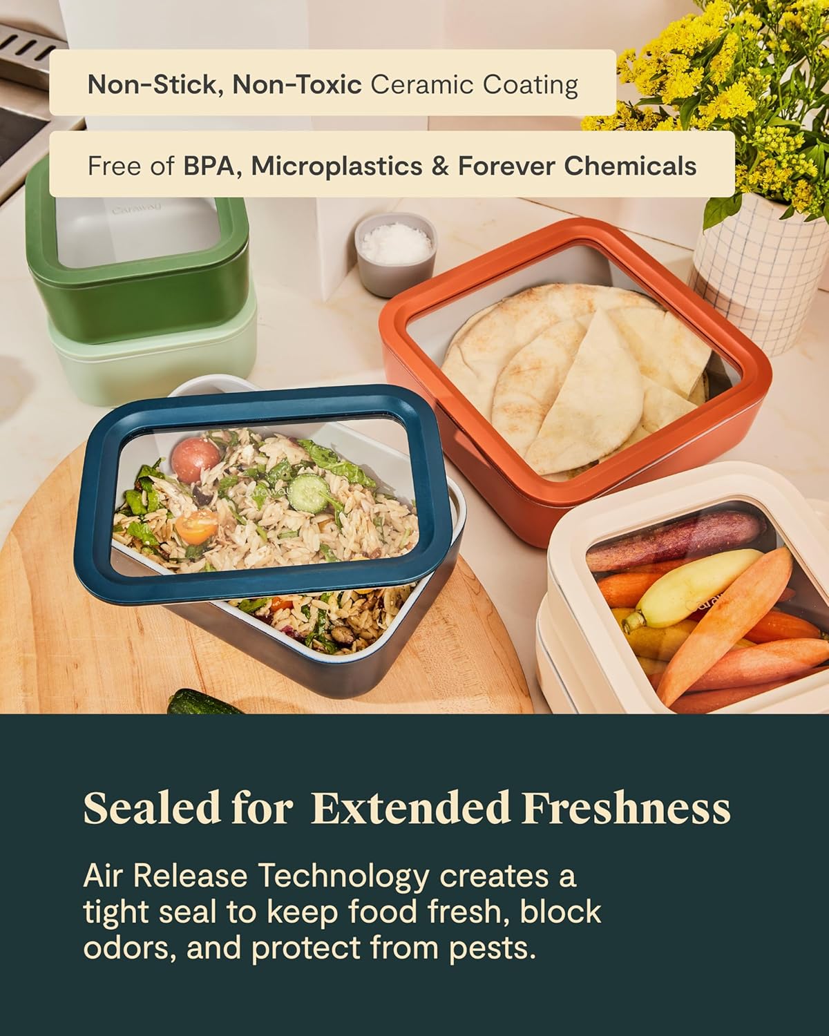 Caraway 25pc Glass Food Storage Set - Glass Storage Containers for Food - Non-Toxic Ceramic-Coated Glass - Air Release Technology - Compact & Stackable Design - Cream