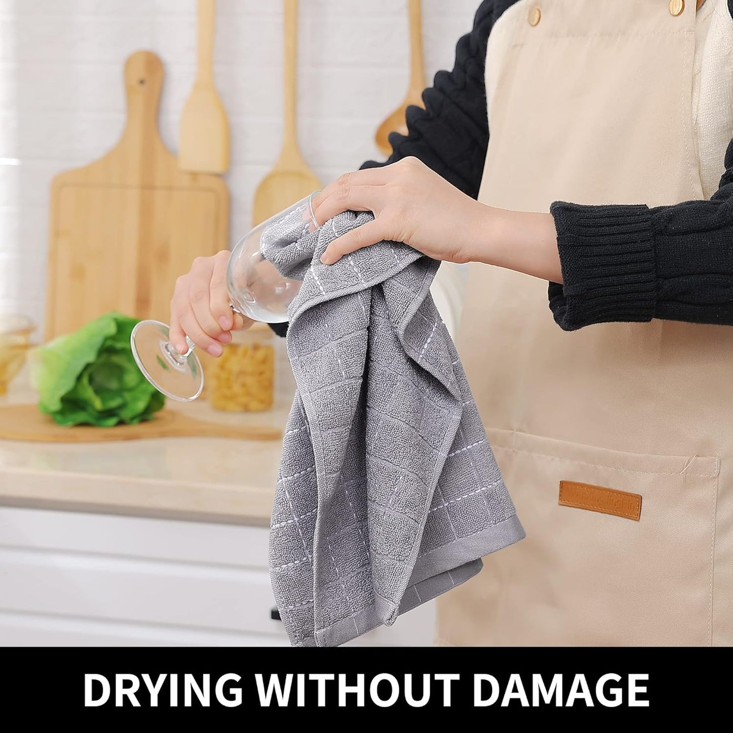 Homaxy 100% Cotton Terry Kitchen Towels(Light Grey, 13 x 28 inches), Checkered Designed, Soft and Super Absorbent Dish Towels, 6 Pack