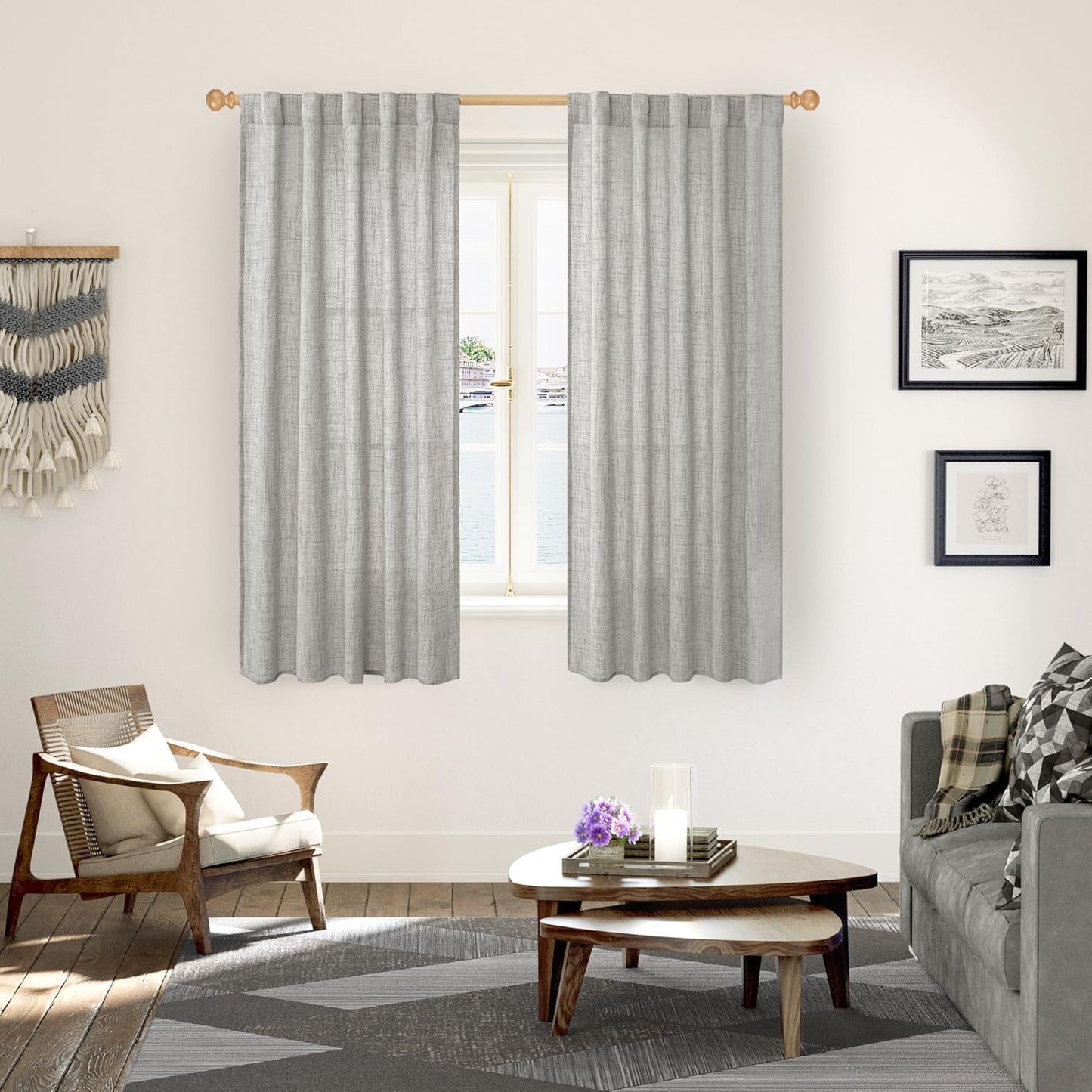 YoungsTex Dark Grey Linen Curtains 63 Inch Length for Living Room, Light Filtering Semi Sheer Drapes Back Tab Rod Pocket for Bedroom Office Lightweight Window Treatments, 42 X 63 Inch, 2 Panels
