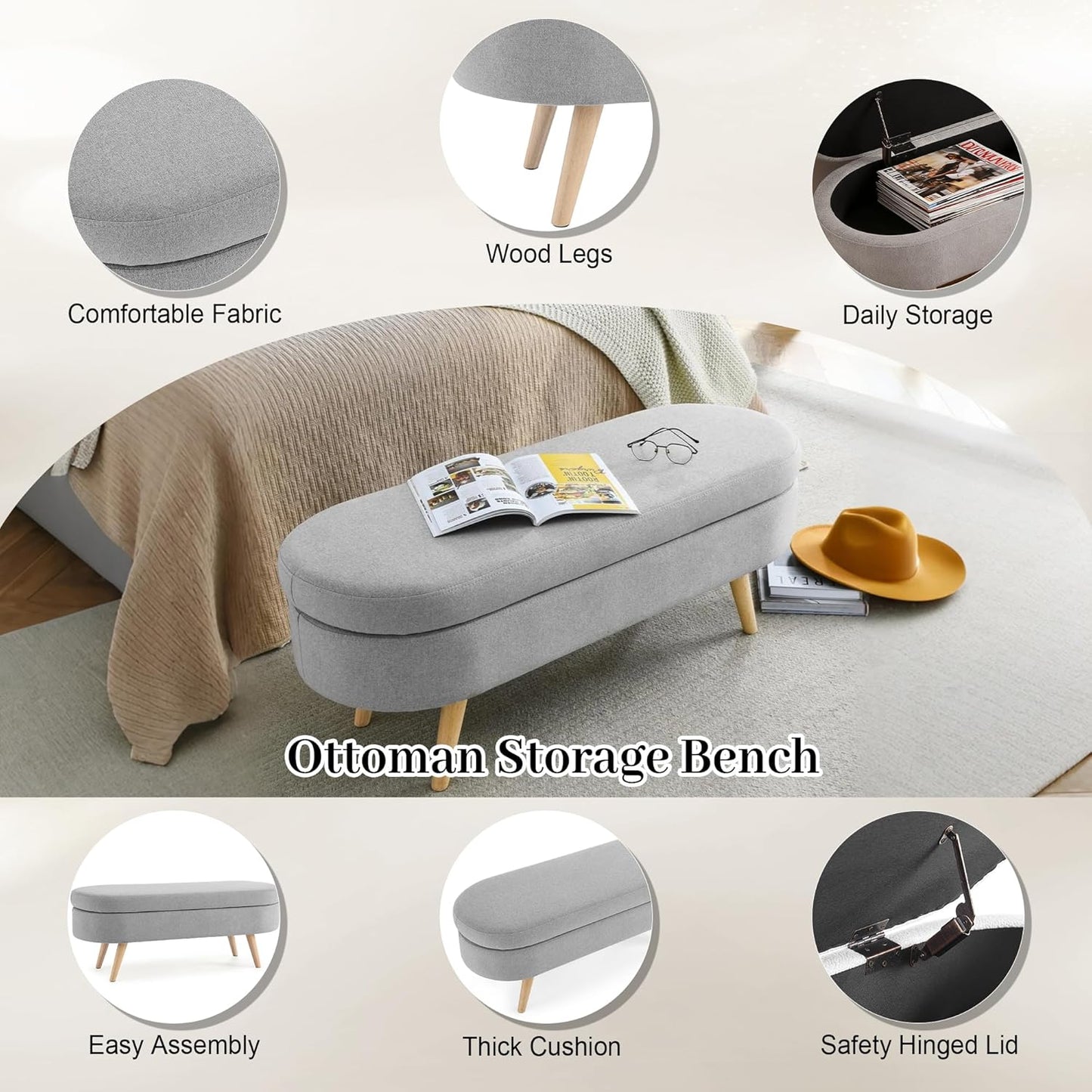 Storage Bench, 43" Storage Ottoman Bench for Bedroom, Upholstered Entryway Benches with Seating, Rubber Wood Legs, Shoe Storages Benches for Bedroom, Living Room, Entryway, Bed Side, Grey