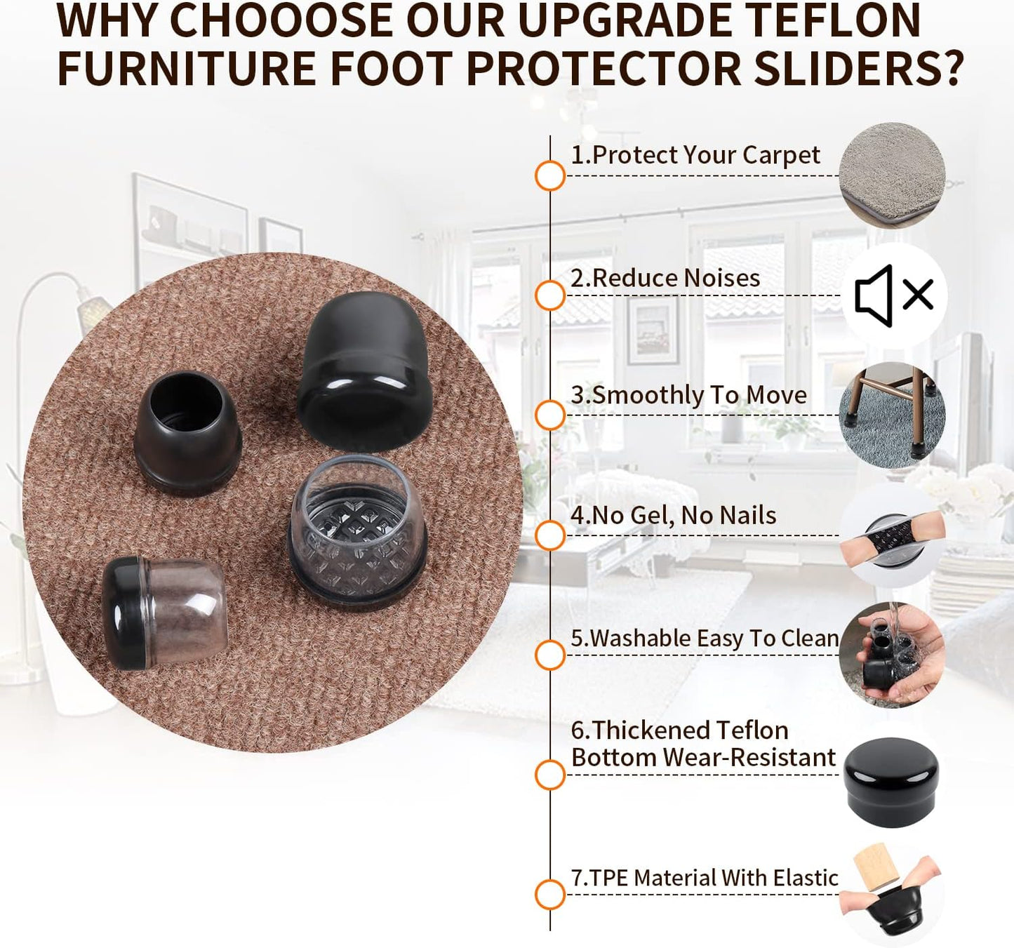 Ezprotekt 24 Pcs Black Chair Leg Sliders for Carpet, Round Teflon Furniture Glides for Rug, Carpet Sliders Protectors Caps for Couch, Dining Table Chair, Bar Stool Legs (L Fit: 1-1/10" to 1-3/10")