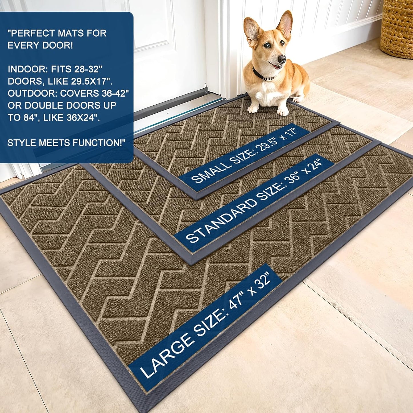 OLANLY Front Door Mat Indoor Outdoor Entrance, Waterproof All-Season, All-Weather Doormat, Sturdy Natural Rubber, Low Profile, Easy Clean Patio Porch Entryway Mat, Herringbone Brick (Brown, 71x47)
