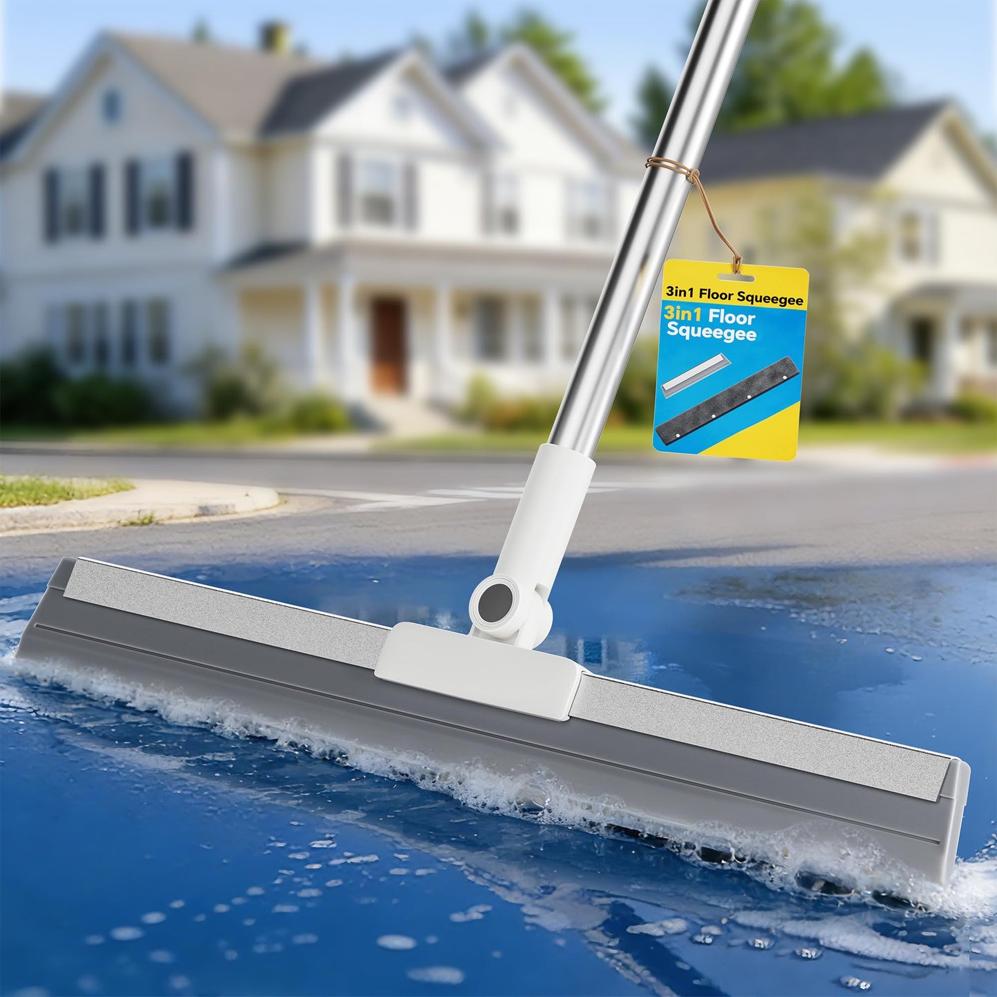 Floor Squeegee Broom with Long Handle, Heavy Duty Rubber Squeegee Kit, Scrubber for Tile Floor