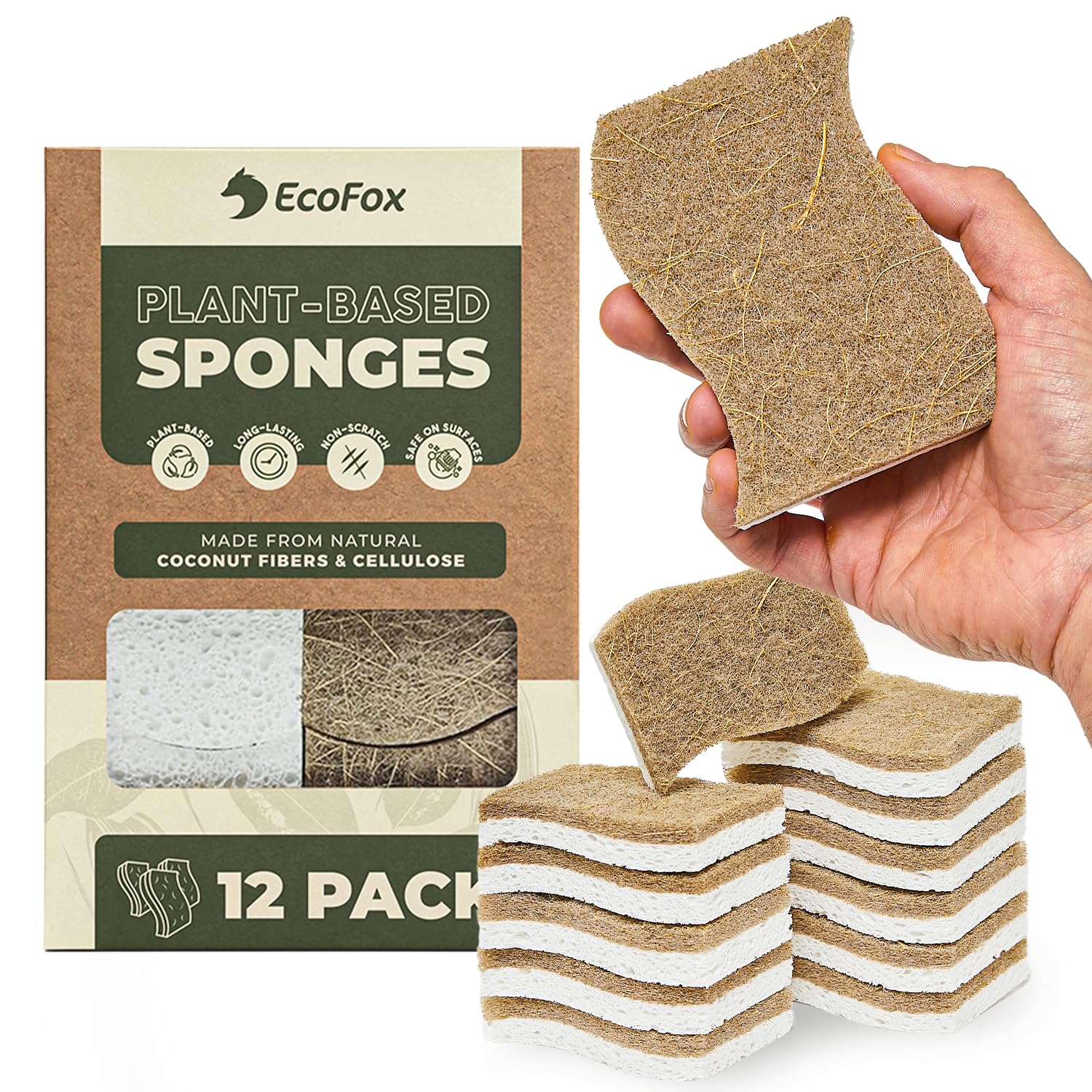 Plant-Based Kitchen Sponges (12 Pack) | USDA Biobased Certified | FSC & PETA Approved | Natural