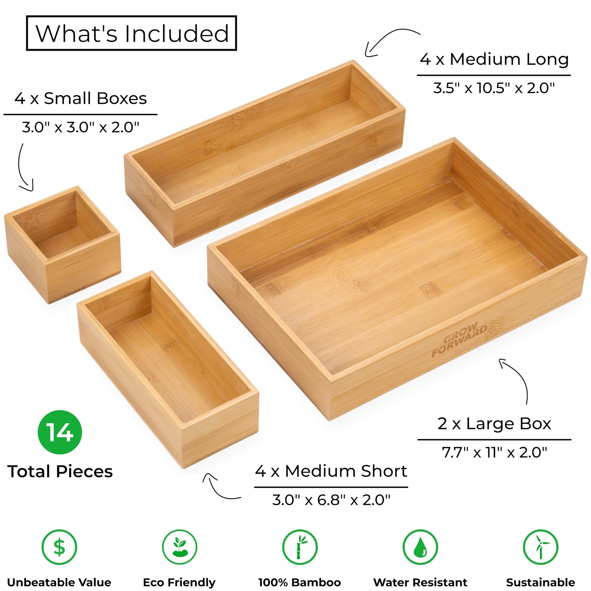 Grow Forward Bamboo Drawer Organizer Boxes - Set of 14 Wooden Drawer Organizers for Kitchen