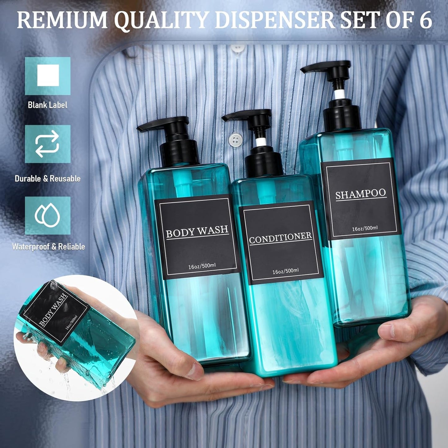 Tanlade 6 Pieces Shampoo and Conditioner Dispenser Bottles 16oz Modern Shower Soap Bottles with Pump, Labels and Marker Pen Easy to Refill Body Wash Dispensers for Home Bathroom Decoration