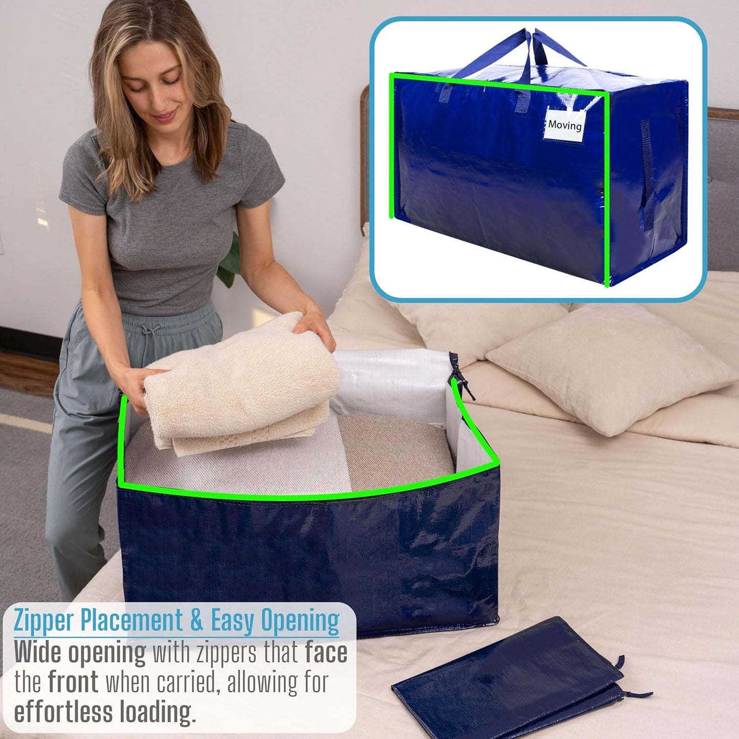 VENO 2 Pack Moving and Storage Bags, Heavy Duty, Alternative to Moving Boxes, Large Packing Totes Supplies for College Dorm Room with Zipper for Clothes, Wide Open Design (Blue, 2 Pack)