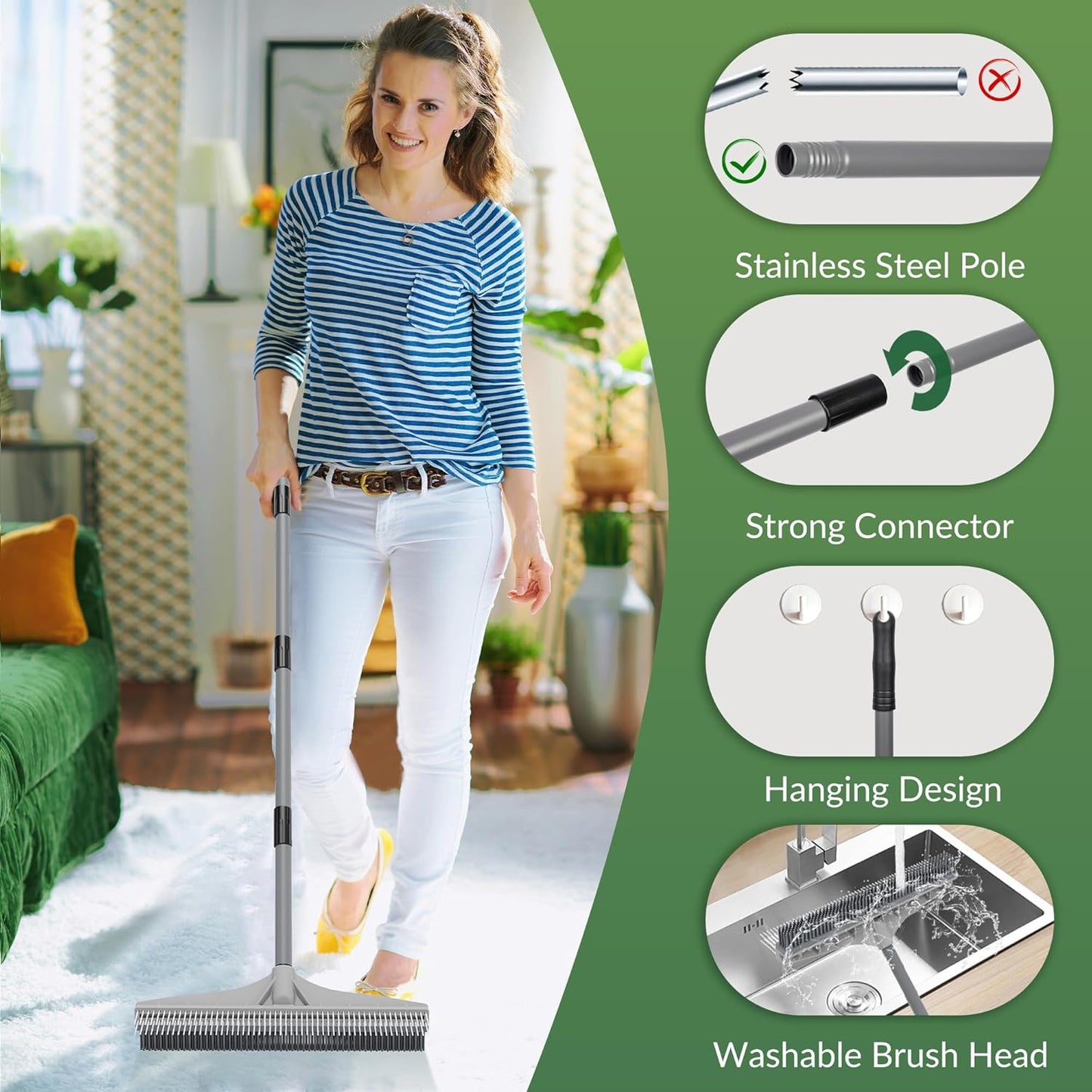 Walensee Carpet Rake for Pet Hair Removal, 61" Carpet Hair Cleaning Tool with Adjustable Long Handle, 2-in-1 Rubber Broom and Nylon Carpet Brush for Fur Rug, Stairs and Mats - Washable, Durable