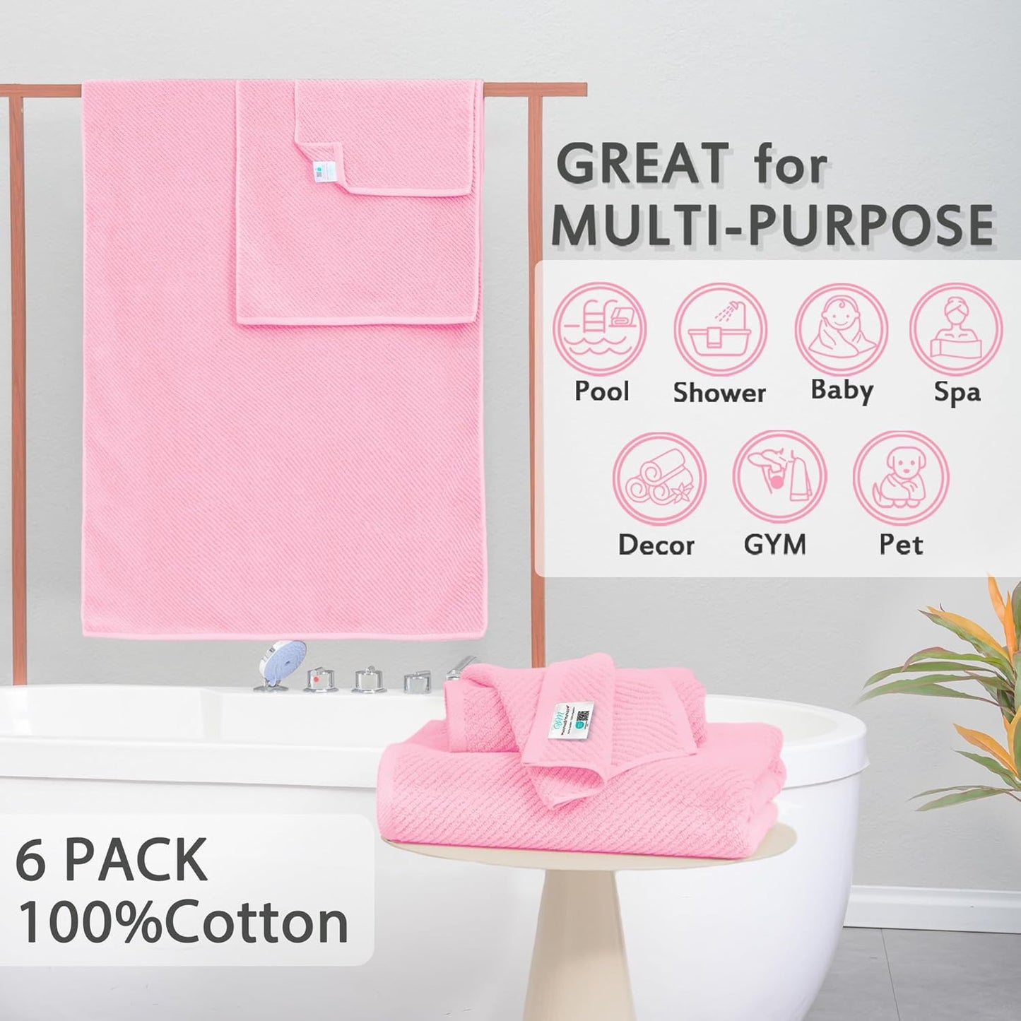 Pink Towels - 100% Cotton, Soft, Quick Dry, Lightweight, Towel Set of 6, 2 Large Bath 30" x 56", 2 Hand 18" x 28", 2 Washcloths 13" x 13", Pink Towels Bathroom Sets, Luxury Towel Gift Set