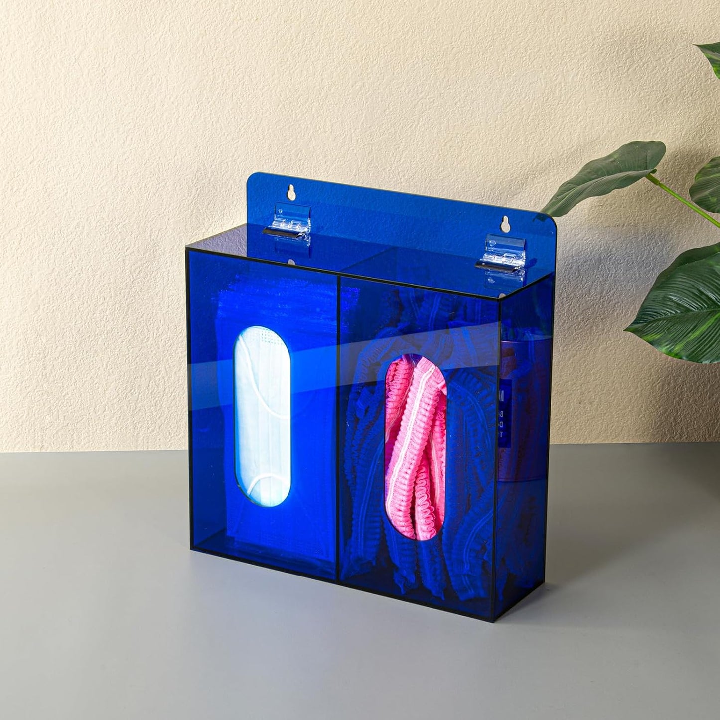 Wall Mounted Glove Dispenser, Hairnet Shoe Cover Dispenser，Acrylic Glove Box Holder, Blue (for 2 Boxes)