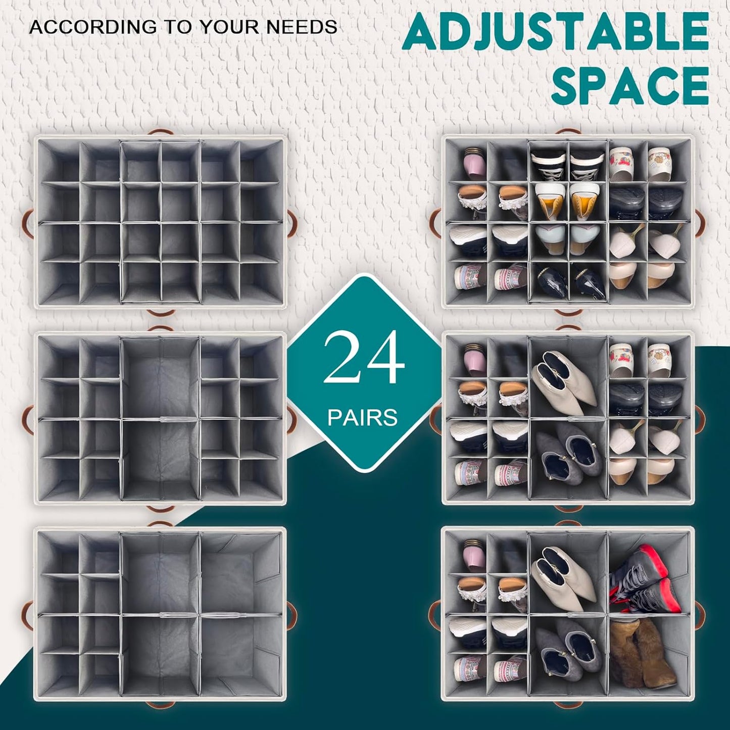 Shoe Organizer for Closet, Foldable Shoe Storage Bins with Clear Cover, Space Saving Shoes Holder with 4 Handles, Large Adjustable Shoe Box Storage Containers, Fits 12-24 Pairs, 2 Pack, Beige