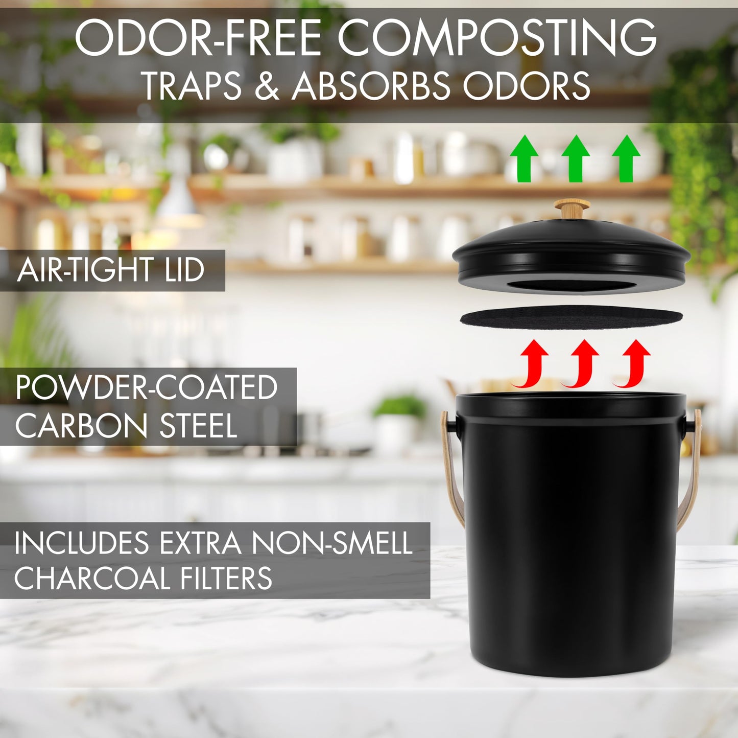 Beautiful Kitchen Compost Bin with Smell Proof Lid - Rust Proof and Odorless Compost Bucket for
