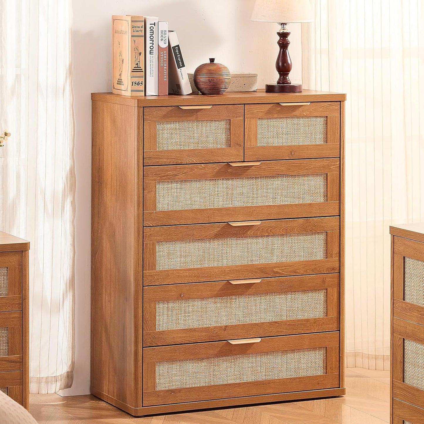 LEYAOYAO Rattan Dresser for Bedroom Set of 2, 42" Tall Chest of Drawers, Modern 6 Drawers Boho Dressers with Storage, Vintage Brown Dresser Wooden Closet Organizer for Living Room, Hallway