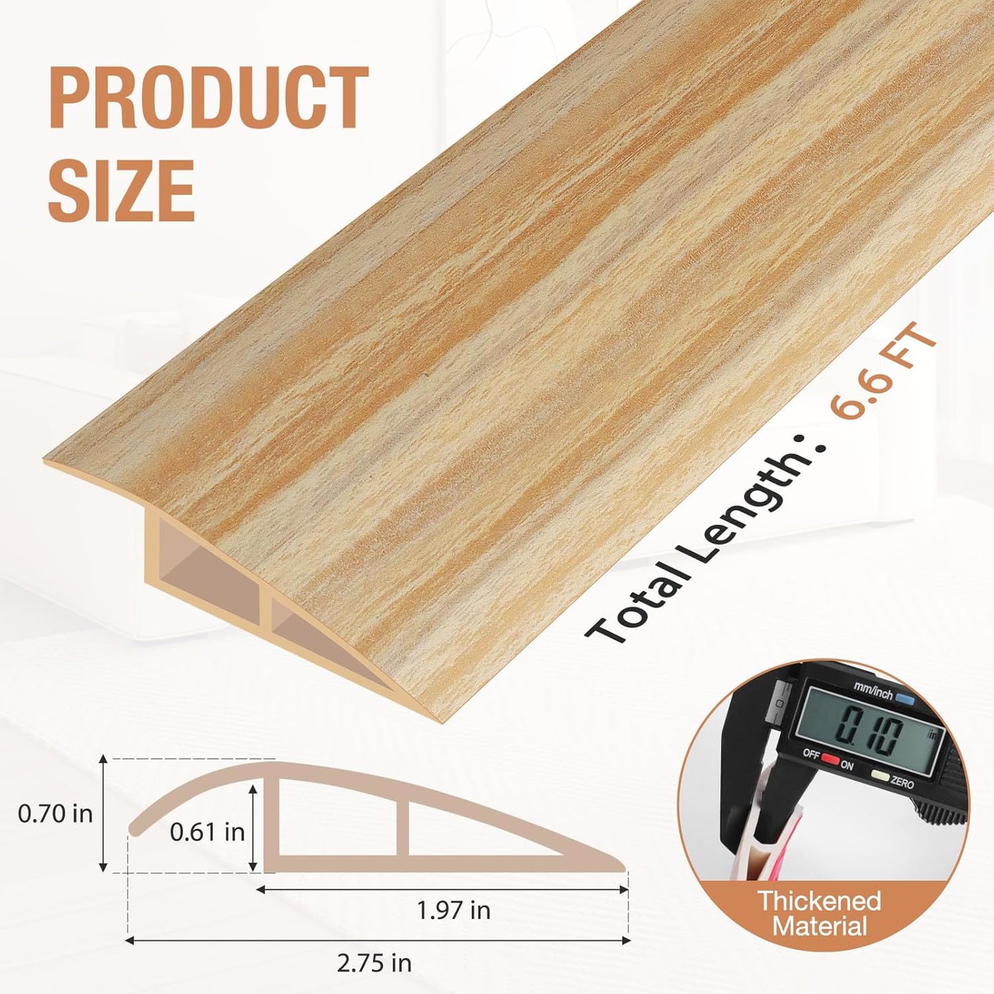 Floor Transition Strip Self Adhesive Vinyl Door Threshold for Doorways Carpet Edging Trim Overlap Edge Reducer for Laminate Floor, Carpet, Tile (Light Yellow Wood Grain, 2/5" to 3/5", 6.6Ft)