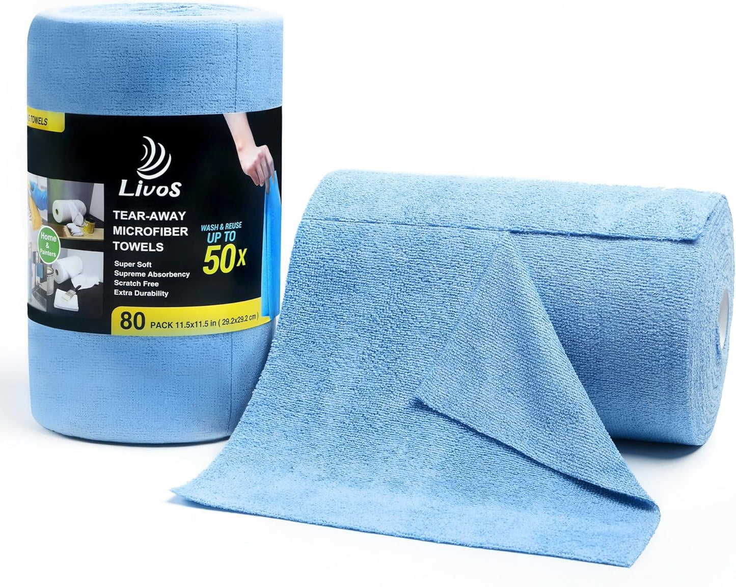 LIVOS Microfiber Cleaning Cloth Roll - 80 Pack, Reusable Paper Towels Blue Tear Away, Microfiber Towels for Cars, Super Absorbent Lint Free Cleaning Rags for House, Kitchen, Window-11.5"x11.5"