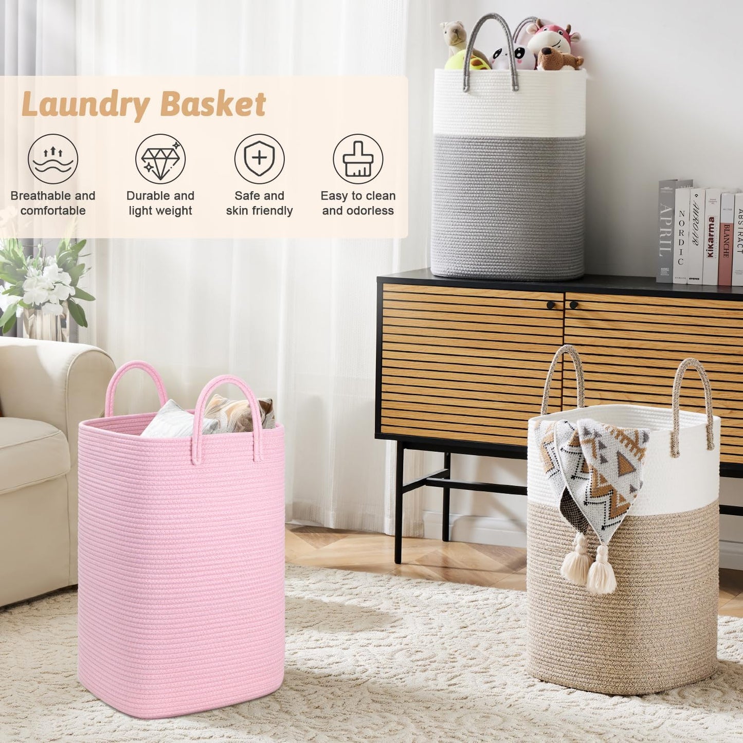 Laundry Basket,Woven Cotton Rope Laundry Hamper,60L Versatile Storage for Dirty Clothes,Baby Toys,and Blankets in Bathroom, Nursery,and Living Room