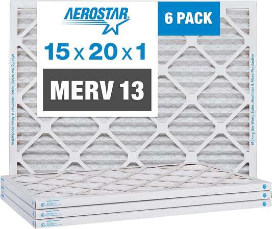 Aerostar 15x20x1 MERV 13 Pleated Air Filter, AC Furnace Air Filter, 6 Pack (Actual Size: 14 1/2" x