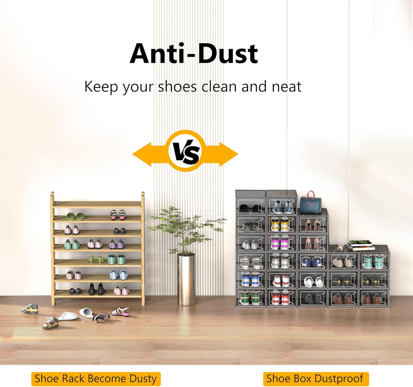 12 Pack X Large Shoe Storage Organizer for Closet, Modular Space Saving Shoe Boxes Clear Plastic Stackable Containers Display Case Bins with Lids, Black