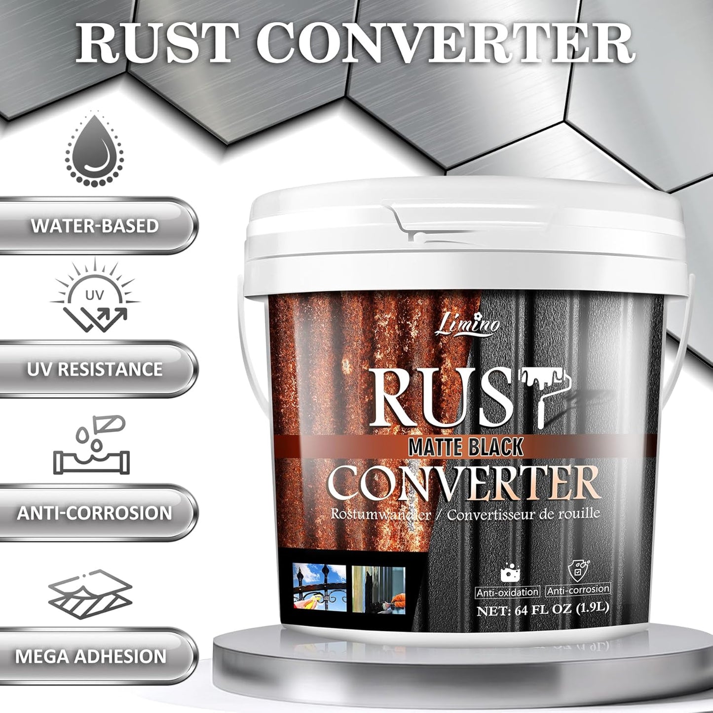 Rust Converter for Metal - Black Metal Primer and Rust Remover, Reformer ＆ Encapsulator, Long-lasting Anti-Rust Effect, Inhibitor Paint for Cars and Various Surfaces - 64 fl. oz