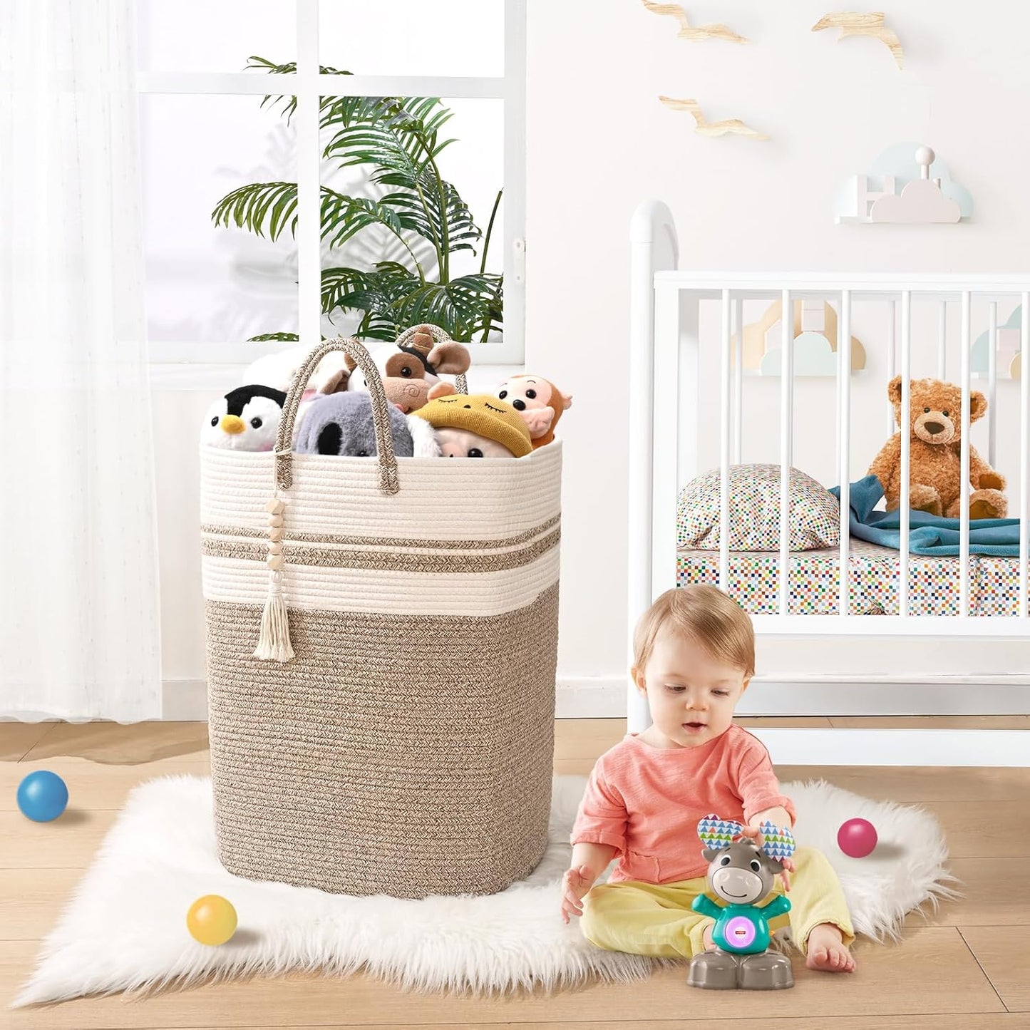 Woven Laundry Basket for Clothes, 50 L Large Rectangle Laundry Hampers with Beads Tassel, Nursery Storage Basket for Toys, Tall Dirty Clothes Hamper for Bedroom Aesthetic, Laundry Room Organization