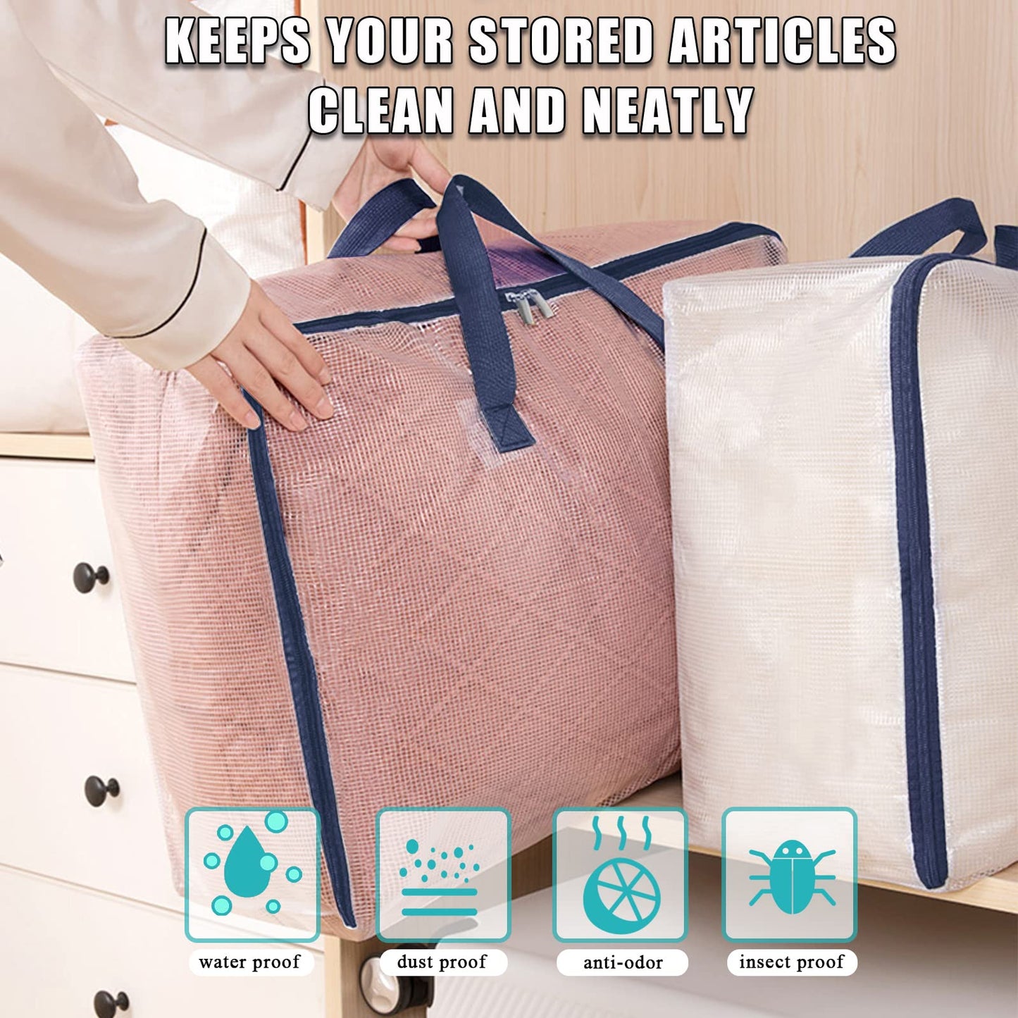 Ineetatu Clear Storage Bags with Zipper, 75L Extra Large Capacity - Closet, Underbed Storage