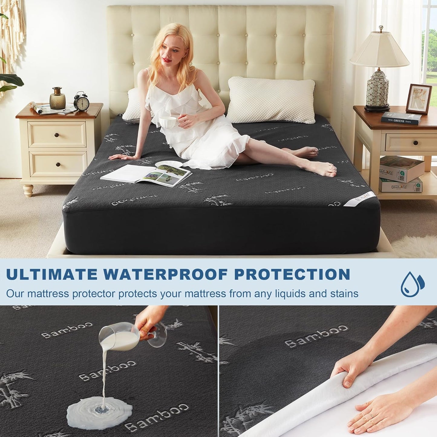 BEDLORE Full Size Mattress Protector Waterproof, Mattress Pad Fitted 6-15 Inch Deep Pocket, 3D Air Fabric Soft Double Bed Mattress Cover Noiseless Washable for Home, College Dorm, Gray