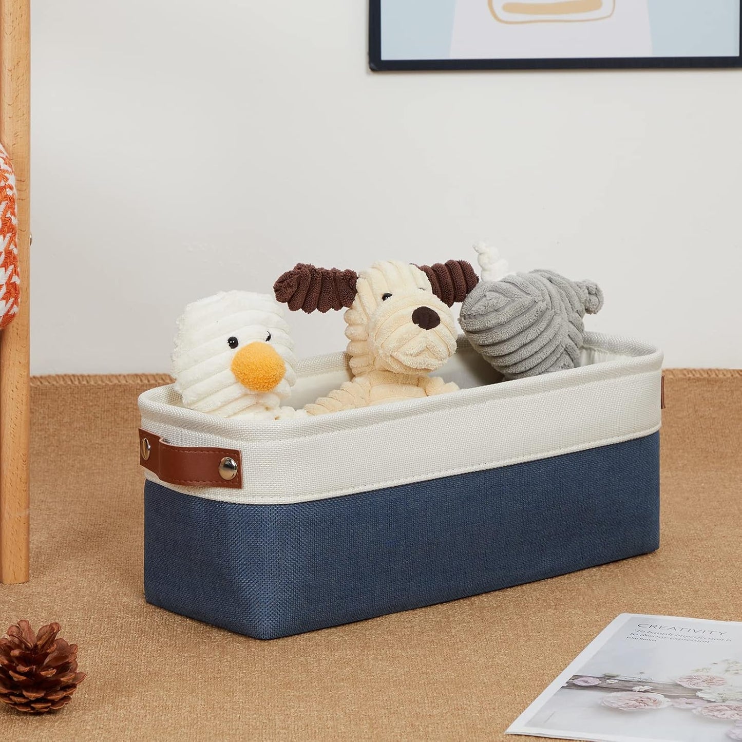 DULLEMELO Toilet Paper Baskets for Storage 15"x6"x5.5" Small Rectangular Baskets for Towels [2 Pack] Collapsible Fabric for Organizing Closet,Shelf,Toys (White&Blue)