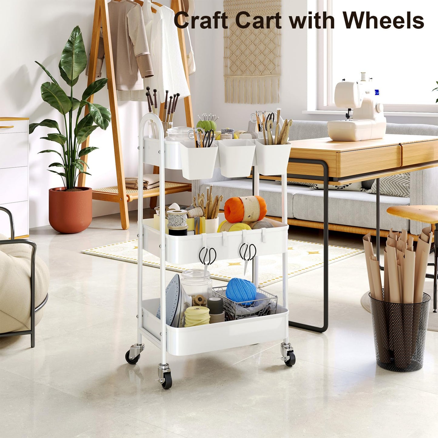 3 Tier Heavy Duty White Metal Rolling Cart with Lockable Wheels, Three Tier Roller Book Snack Cart