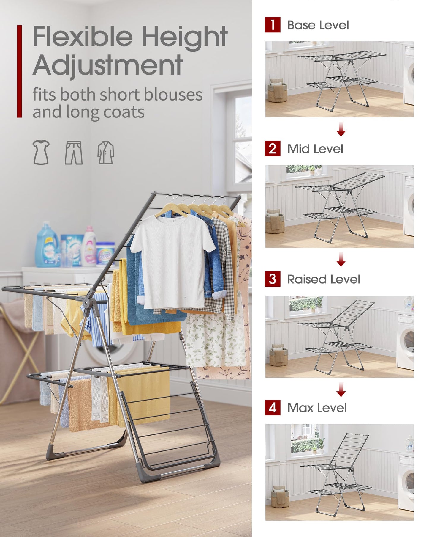 Sakugi Clothes Drying Rack, Foldable 2-Level with 55.5" Adjustable Wings