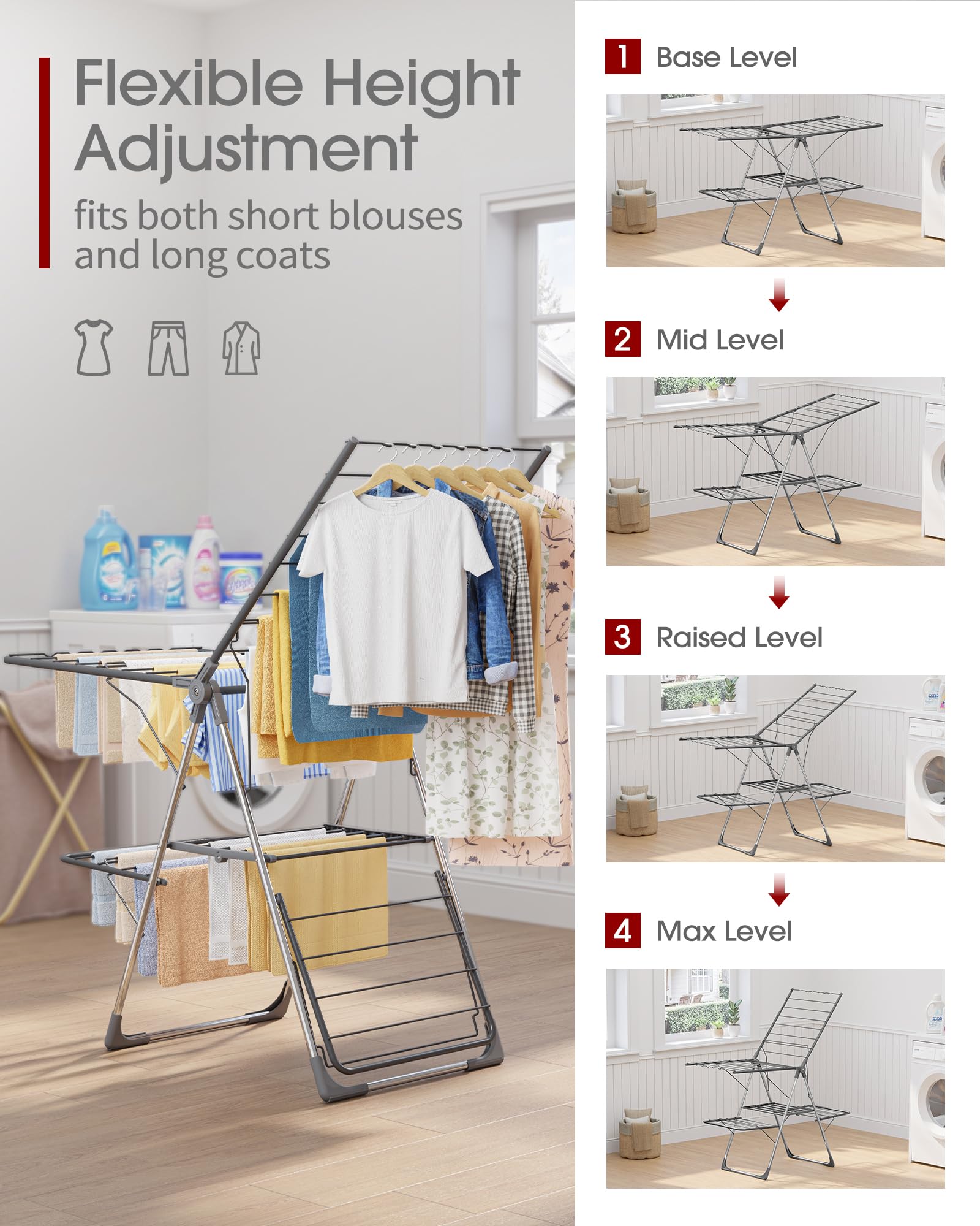 Sakugi Clothes Drying Rack, Foldable 2-Level with 55.5" Adjustable Wings
