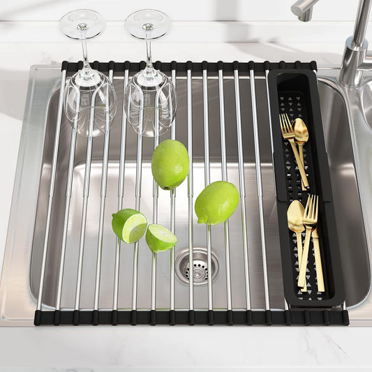 JASIWAY Dish Drying Rack, Roll Up Dryer Rack for Inside Sink, Expandable (12.8"-23.8" D x 15.5" W) 304 Stainless Steel Dish Drainers for Kitchen Counter, Over Sink Cover with Utensil Holder