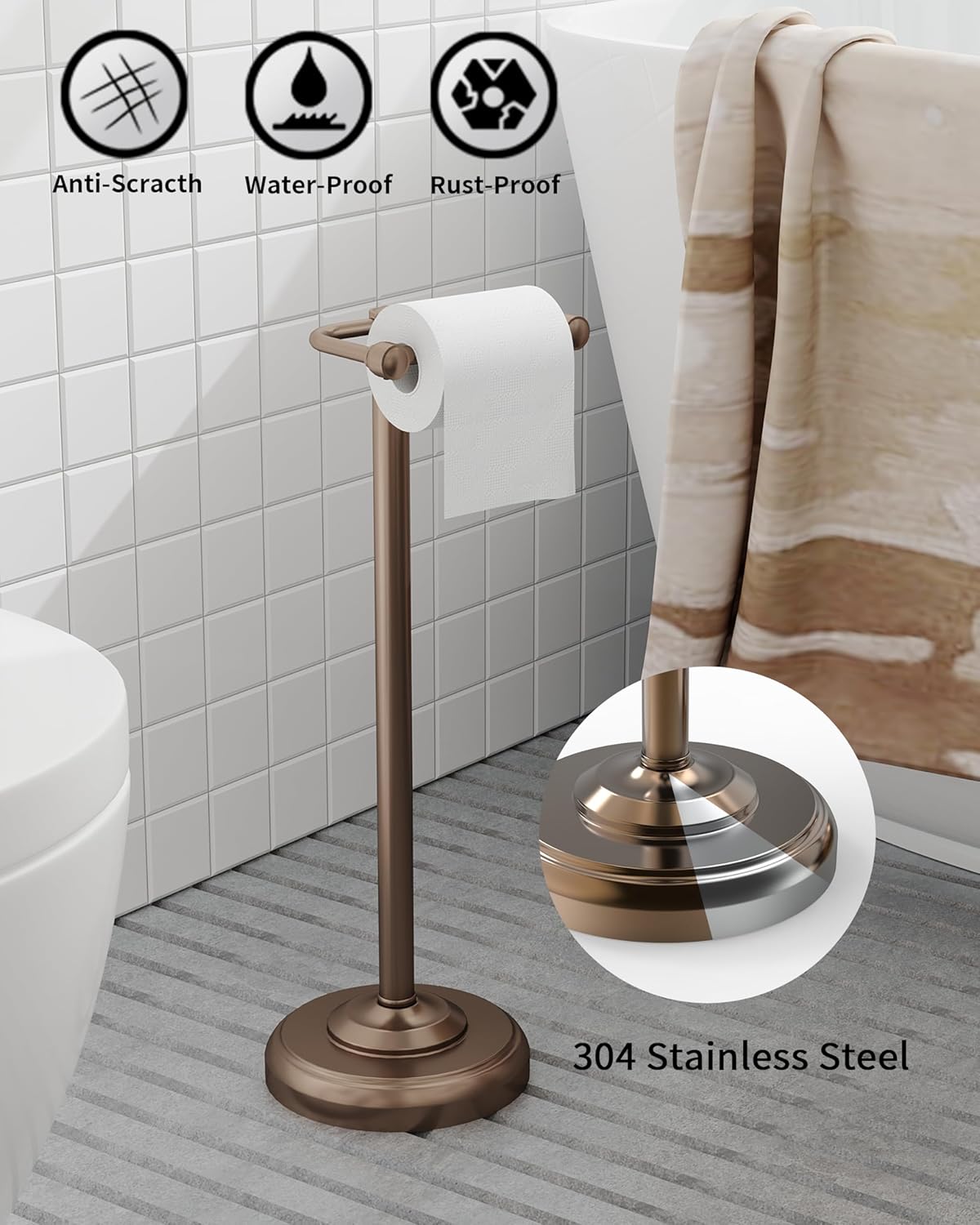 Toilet Paper Holder Stand, Bronze Toilet Paper Holder Free Standing, Post Pivoting Design & Stable Weighted Base SUS304 Stainless Steel for Bathroom (Mega Roll)