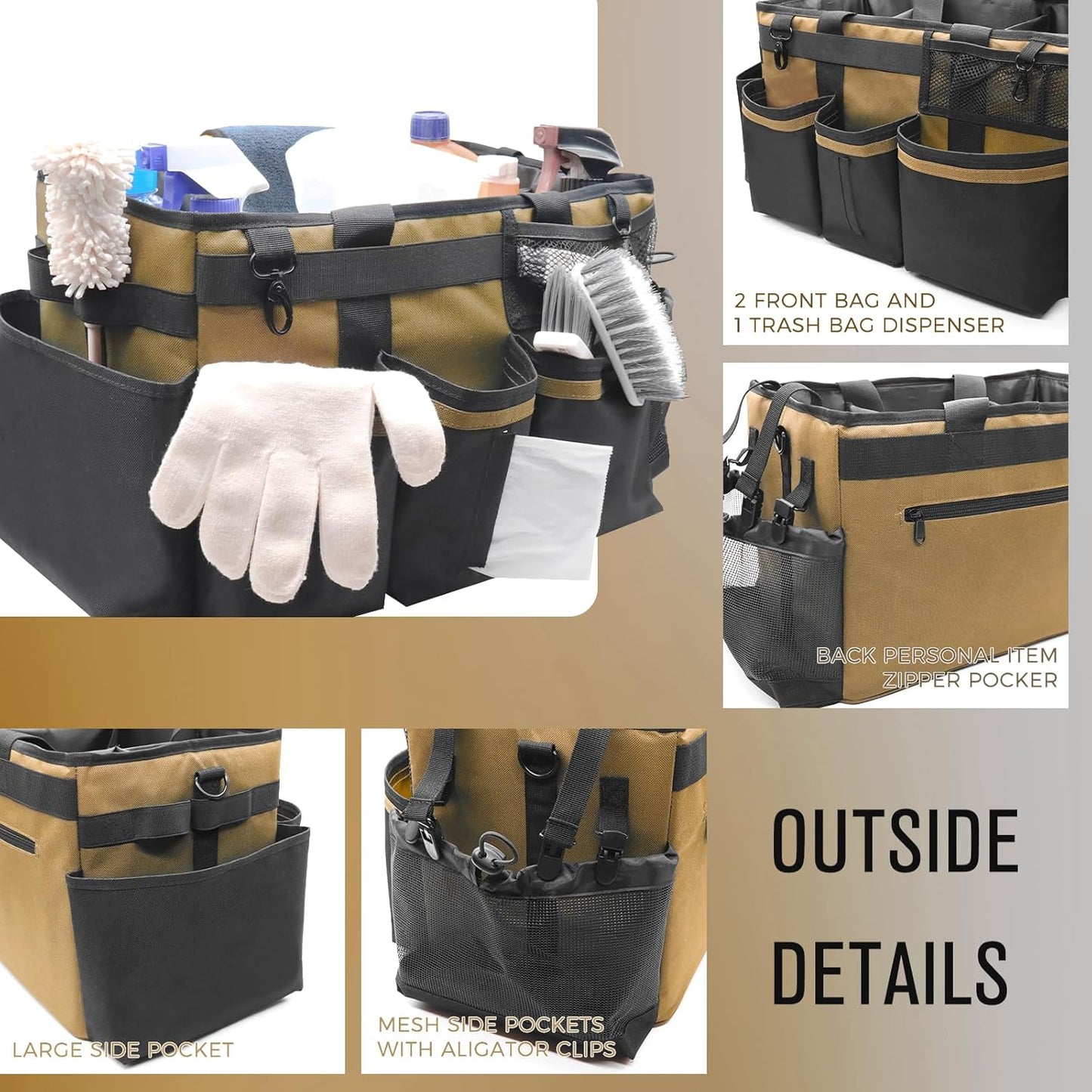 Wearable Cleaning Caddy Organizer with Handle & Shoulder Straps for Housekeepers, Under Sink & Car Cleaning Tool Organizer Bag with 4 Foldable Dividers (Tan)