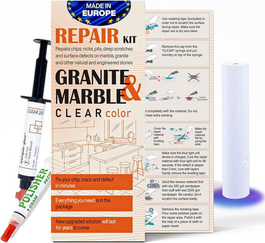 Marble, Granite & Quartz Countertop Repair Kit (Clear) - Fix Your Defects Like a Pro I Suitable for