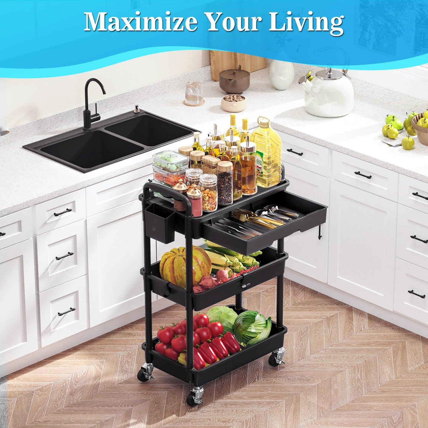 SUNALLY 3 Tier Rolling Cart with Drawer, Craft Storage Cart Organizer,Black
