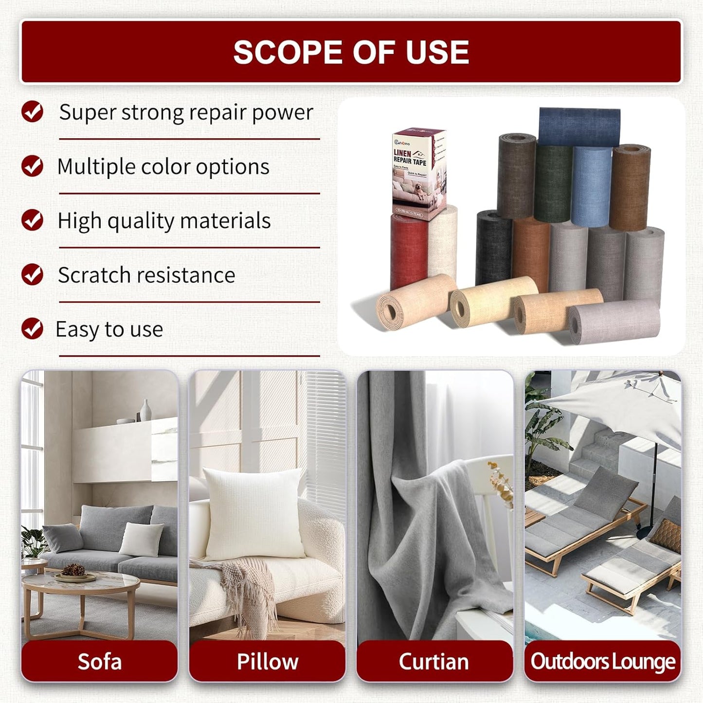 Linen Repair Tape 4x79 inch, Self Adhesive Fabric Patches, Linen Patch Tape Kit, Fabric Repair Tape for Couch Sofas, Headboards, Chairs, Pillows, Curtains, Couches - Army Green