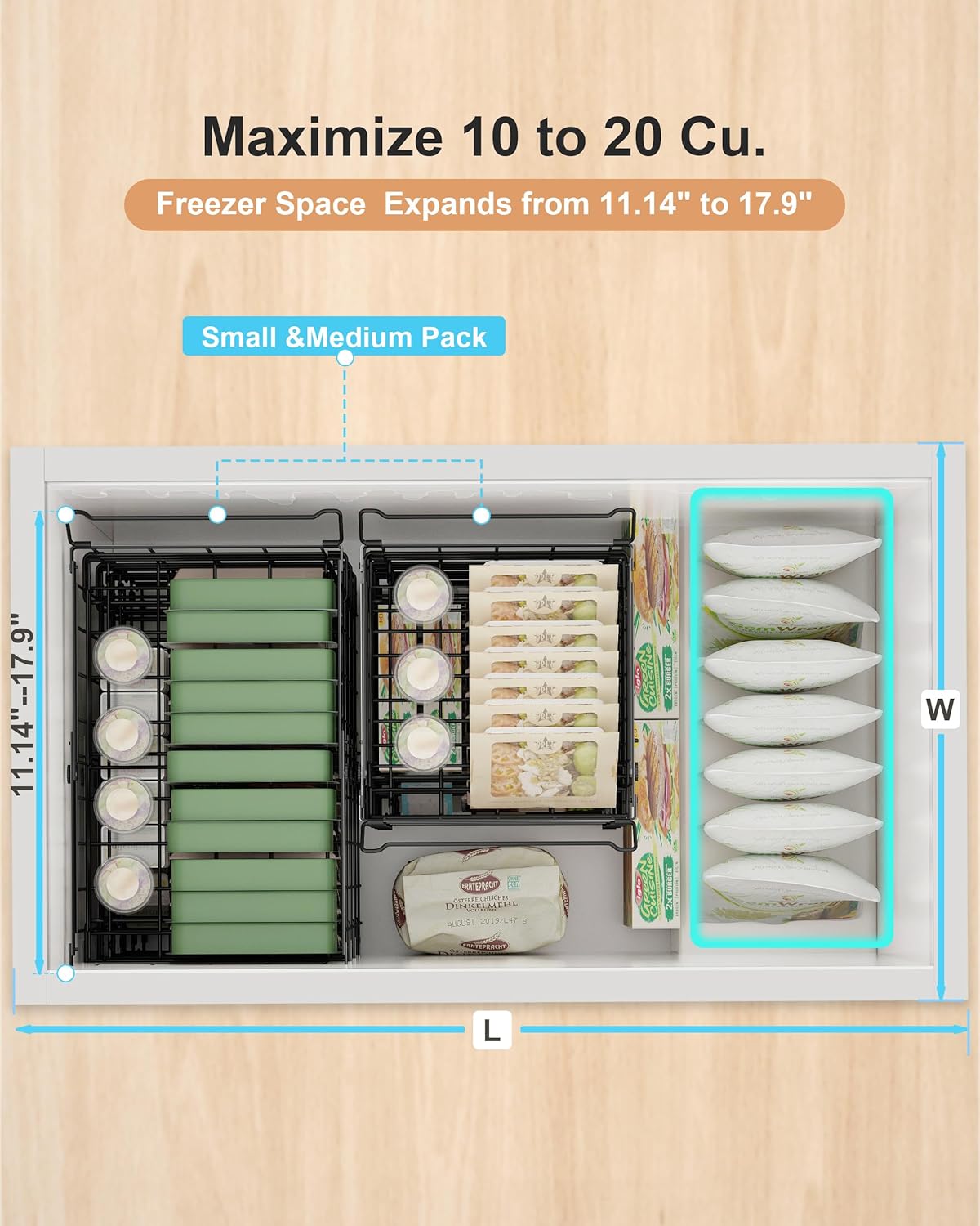 UMDONX 4 Pack Expandable Freezer Organizer Bins Large Freezer organizer Bins Stackable 11.4" Expand to 17.9", Fit 10 to 20 Cu.FT Black