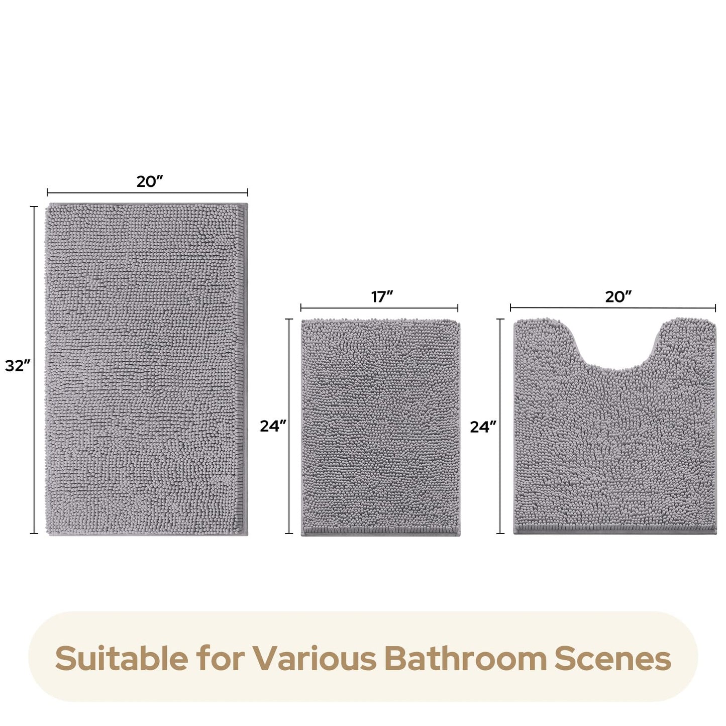 HOMEIDEAS Grey Chenille Bathroom Rugs Set of 3, Non Slip Bath Mat