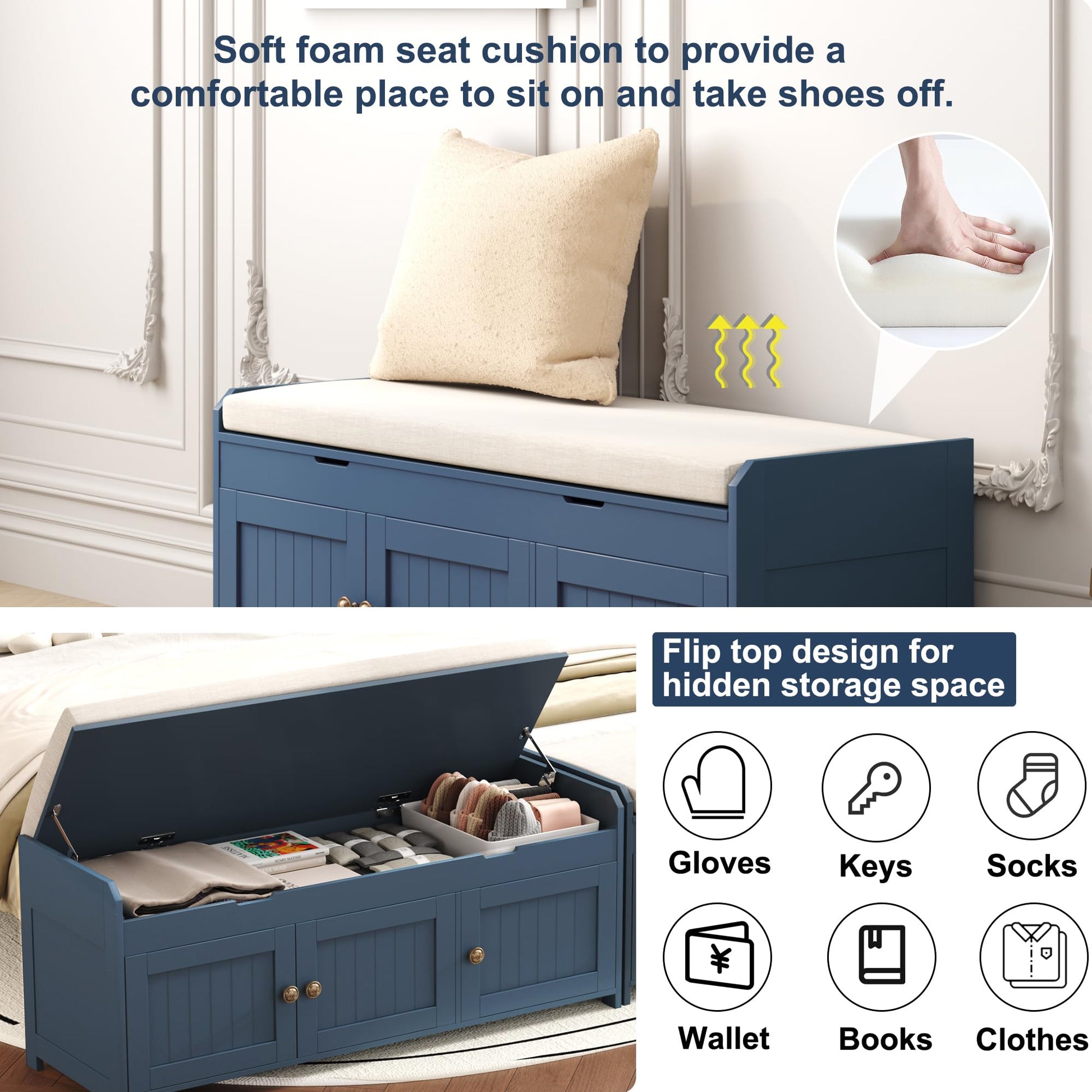 HOMEFORT 41.3" Shoe Bench with Lift Top Storage, Entryway Bench with Cushioned Seat, Wooden End of
