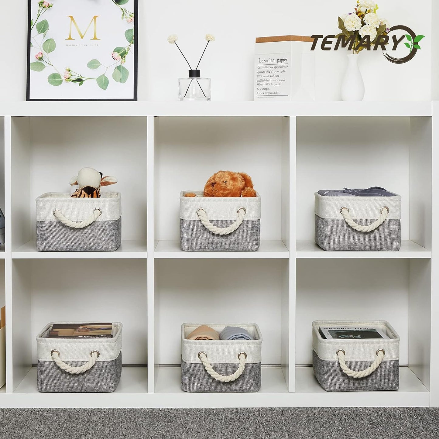 Temary Small Storage Baskets for Organizing 6Pcs Small Storage Bins, Decorative Collapsible Fabric Gift Baskets Empty for Home (White&Grey,11.8L x 7.9W x 5.3H inches)