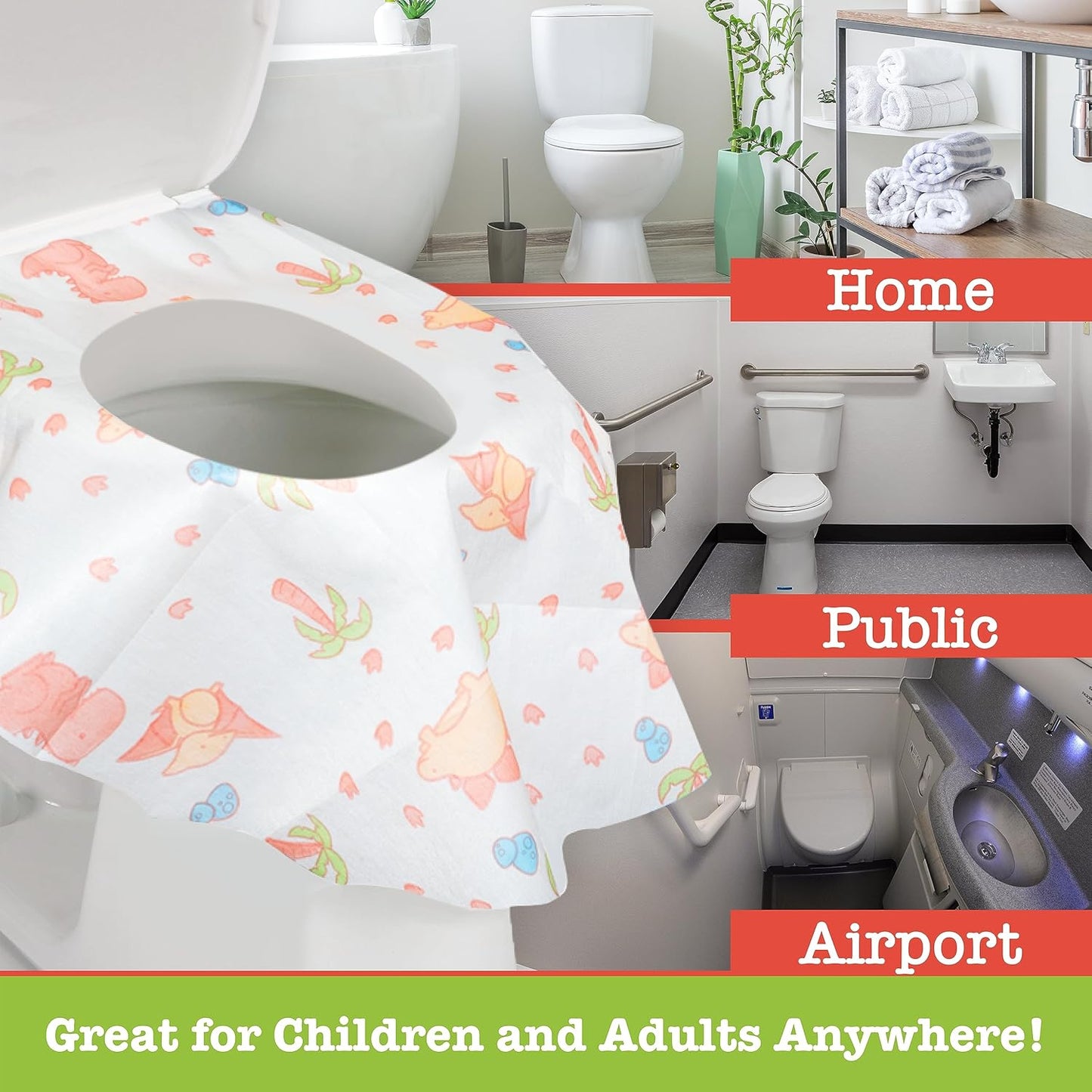 Toilet Seat Covers Disposable (40 pk, Dinosaurs) - XL Waterproof Toilet Cover for Toddlers, Kids & Adults - Portable & Individually Wrapped for Travel, Potty Training, Public Restrooms