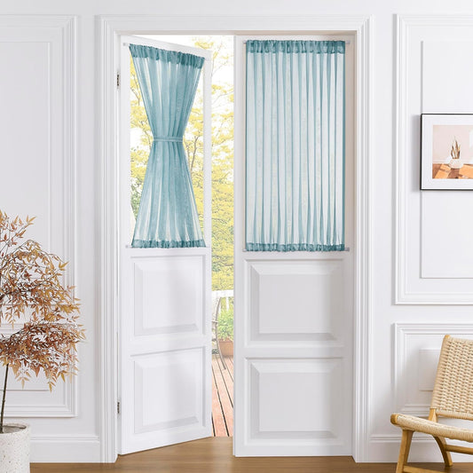 Tollpiz Small Sheer Door Curtain Closet Linen Textured Curtain Sheers Doorway Light Filtering Voile French Door Rod Pocket Curtains Patio Door, 25 x 40 inches Long, Dusty Blue, Set of 1 Panel