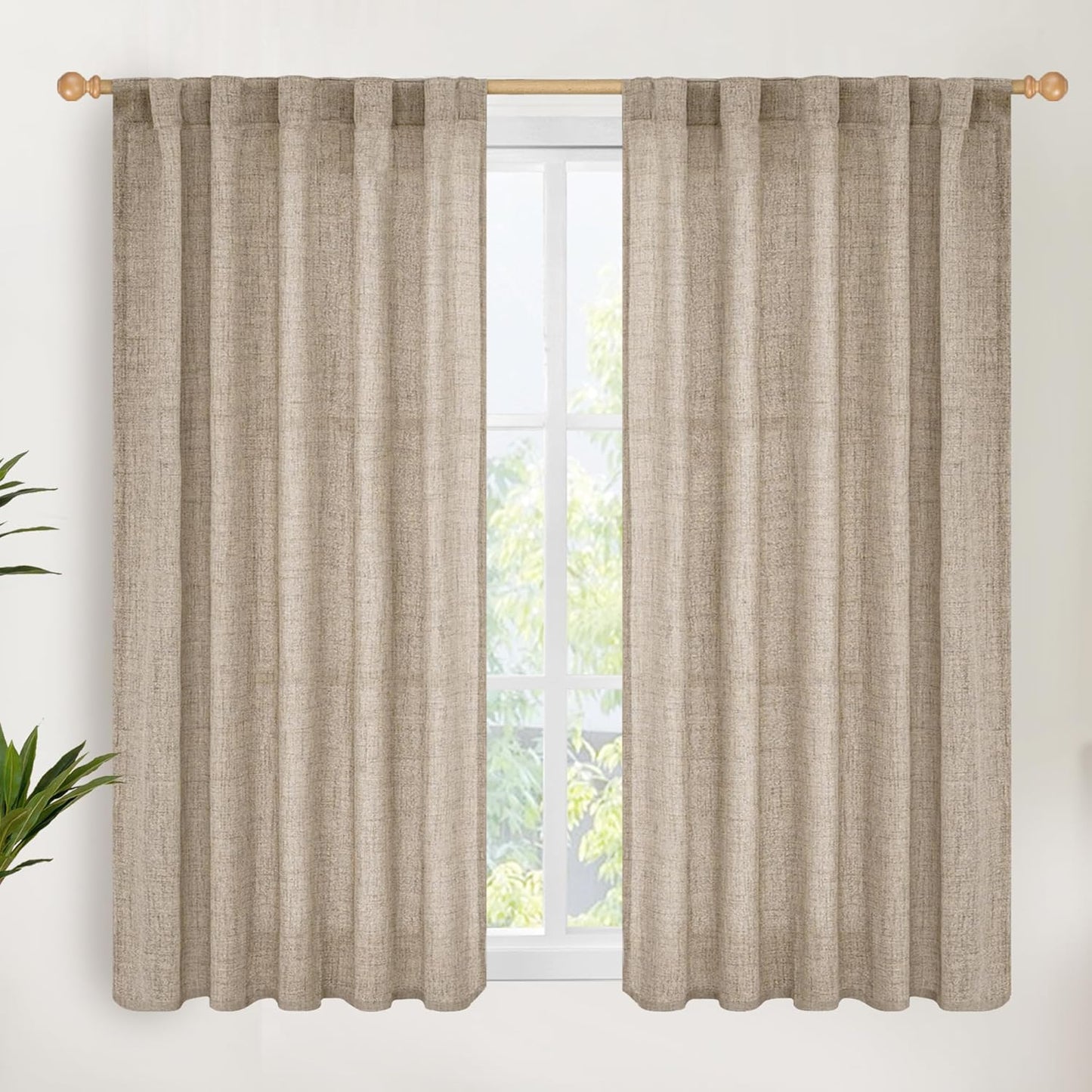 YoungsTex Dark Oatmeal Linen Curtains 54 Inch Length for Short Windows, Tan Semi Sheer Drapes Light Filtering with Rod Pocket Back Tab for Living Room Kitchen Bathroom, 2 Panels, 42 X 54 Inch