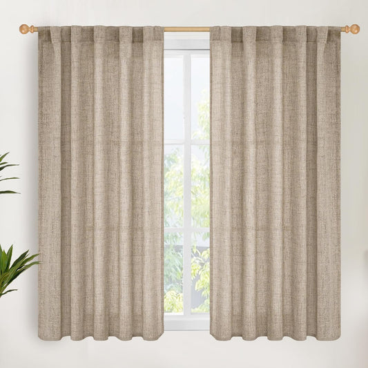 YoungsTex Dark Oatmeal Linen Curtains 54 Inch Length for Short Windows, Tan Semi Sheer Drapes Light Filtering with Rod Pocket Back Tab for Living Room Kitchen Bathroom, 2 Panels, 42 X 54 Inch