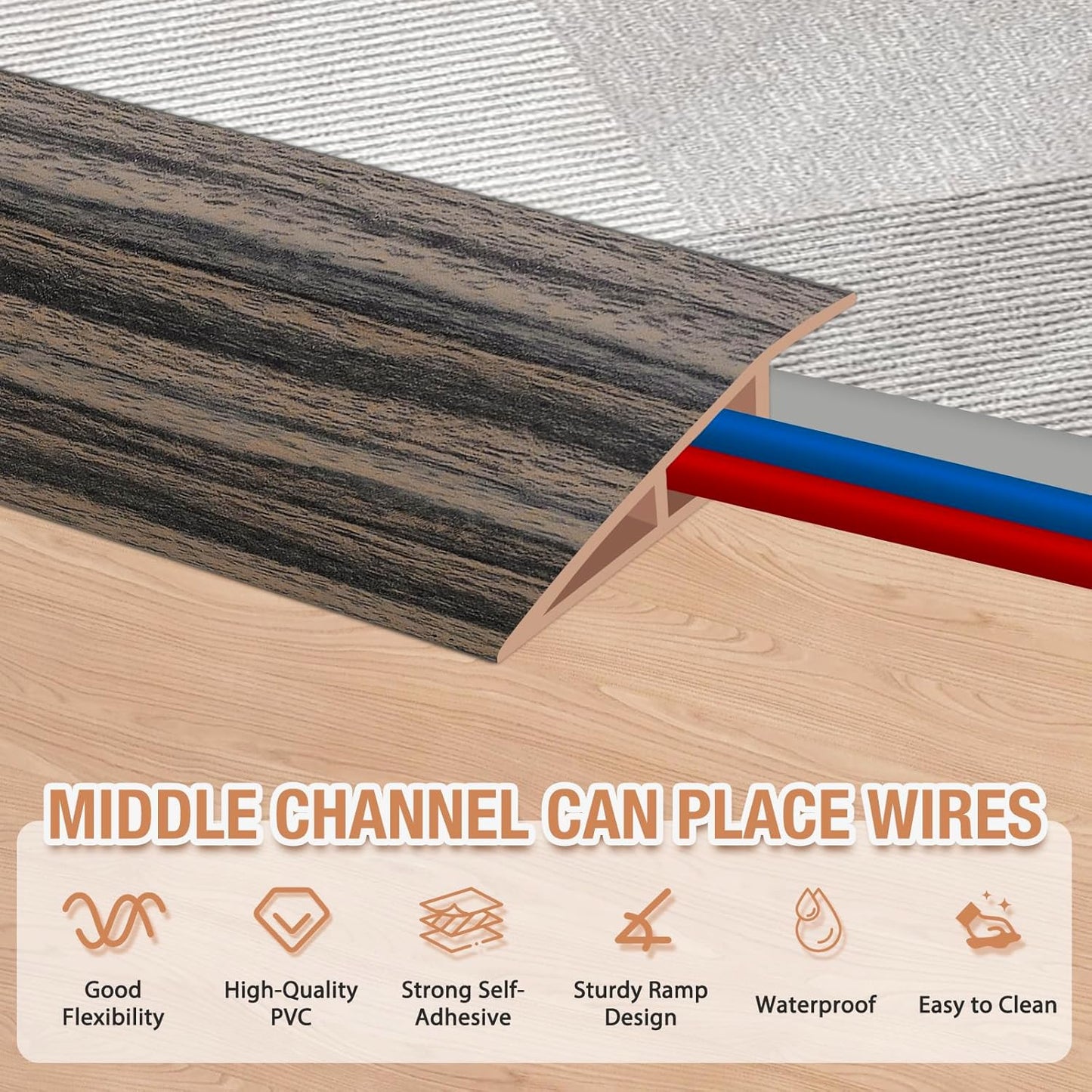 Floor Transition Strip Self Adhesive Vinyl Door Threshold for Doorways Carpet Edging Trim Overlap Edge Reducer for Laminate Floor, Carpet, Tile (Smoked Brown Wood Grain, 3/5" to 4/5", 6.6Ft)